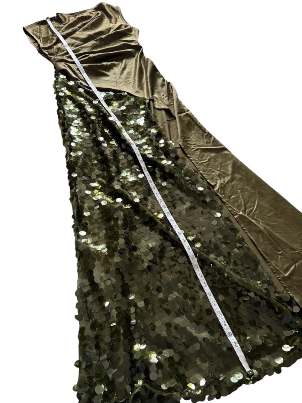Violet Aurora Olive Green Sequin Satin High Slit Formal Gown Size L NWT - Picture 10 of 11